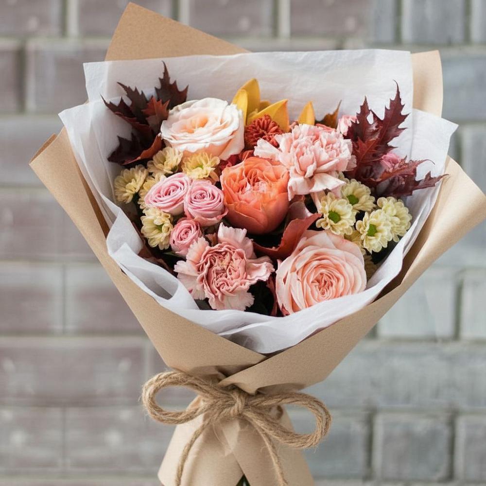 Букет осеннее настроение в Темнолесской Букет цветов из: Гвоздики, Хризантемы и Розы в Темнолесской