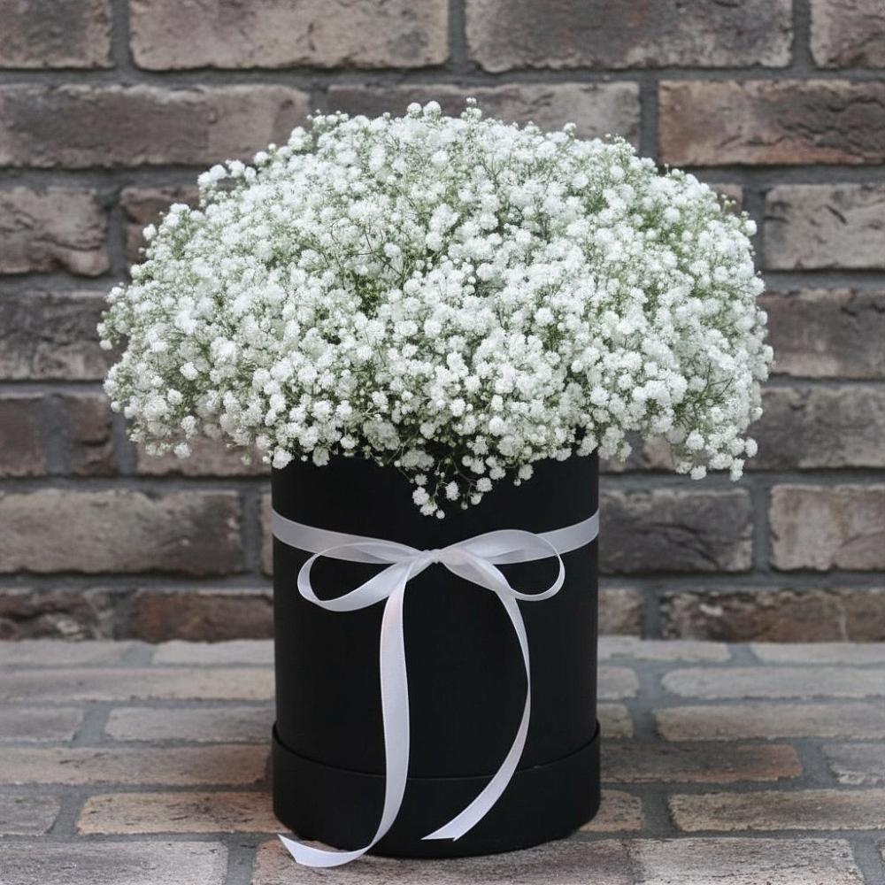 Композиция коробка гипсофил в Темнолесской Цветочная композиция из Гипсофила в шляпной коробке в Темнолесской